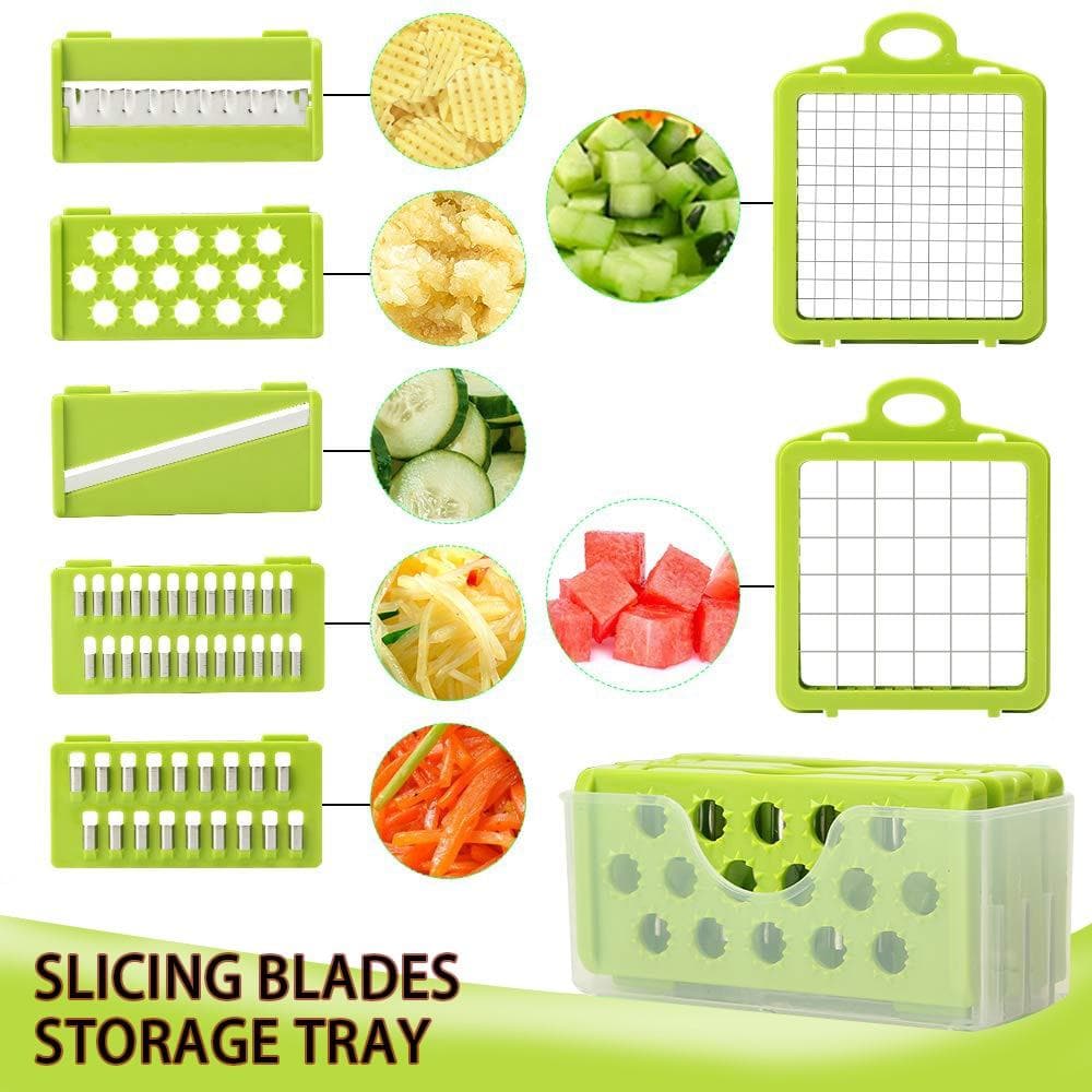 Arenzza multi-purpose vegetable cutter on kitchen counter with stainless steel blades and colorful plastic body.