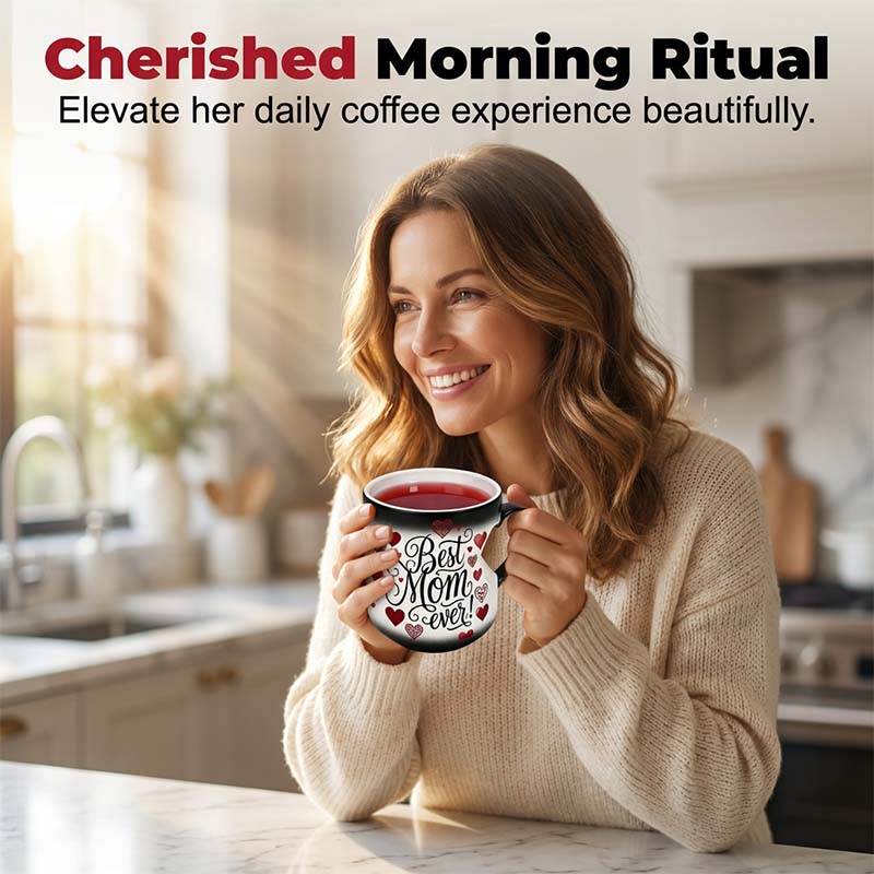Aarenza heat-activated "Best Mom Ever" color-changing mug with pink interior, ideal for Mother's Day gift in kitchen decor.