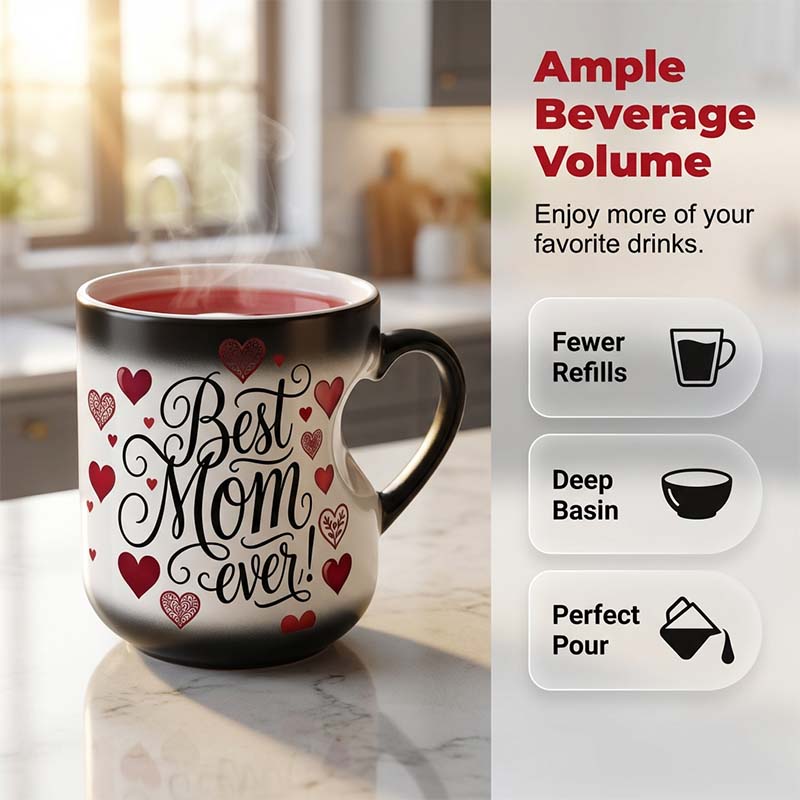 Arenzza heat-activated "Best Mom Ever" color-changing ceramic mug with a heart design, revealing a heartfelt message when hot.