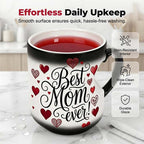 Arenzza heat-activated "Best Mom Ever" color-changing mug with a pink heart design, showcasing its magic reveal effect.