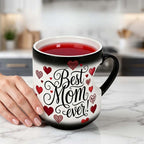 Aarenza heat-activated "Best Mom Ever" color-changing mug with heart design, perfect for Mother's Day gift in kitchen setting.