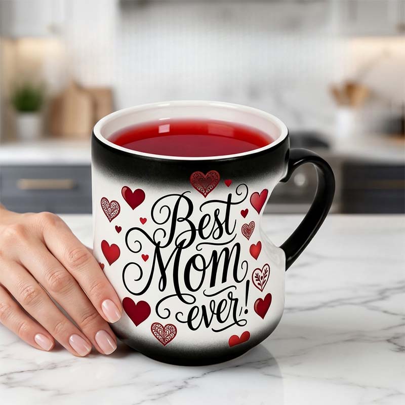 Aarenza heat-activated "Best Mom Ever" color-changing mug with heart design, perfect for Mother's Day gift in kitchen setting.