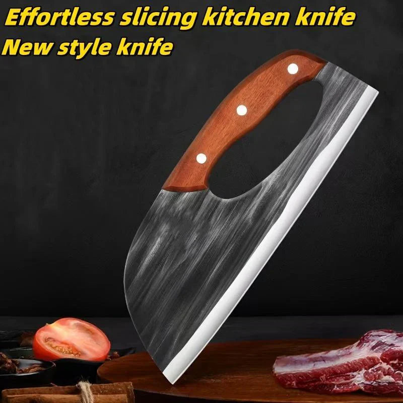 Arenzza ergonomic kitchen knife with front handle, ideal for cutting vegetables and meat in a home kitchen setting.
