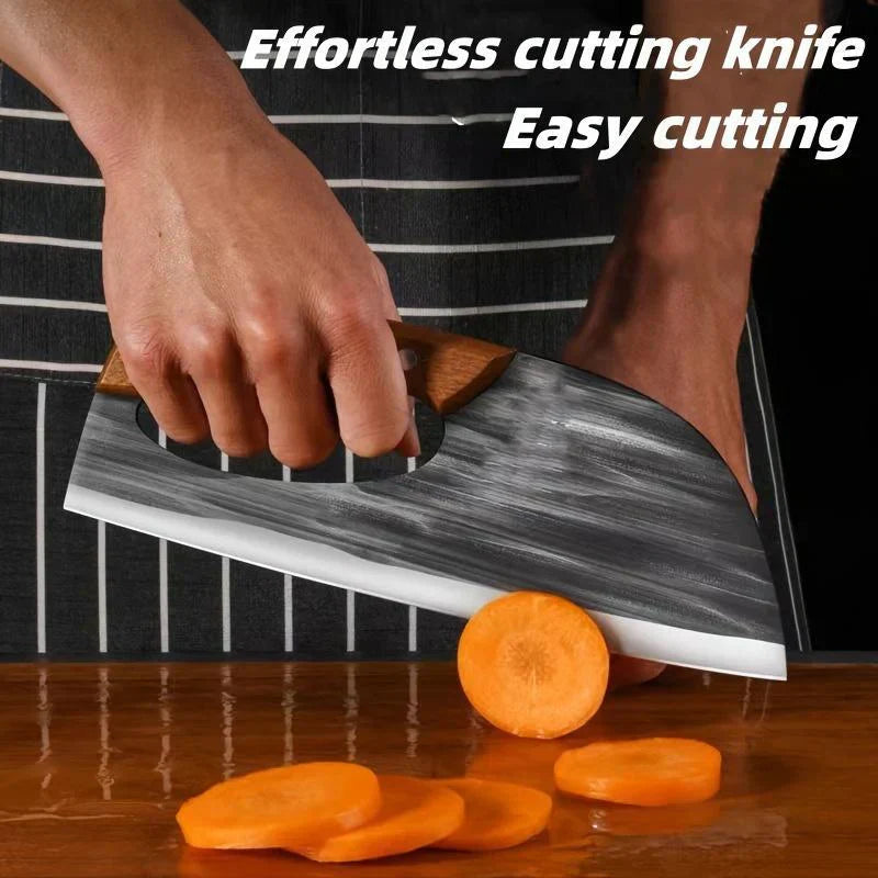 Arenzza ergonomic kitchen knife with front-handle design, cutting vegetables and meat on a wooden cutting board.