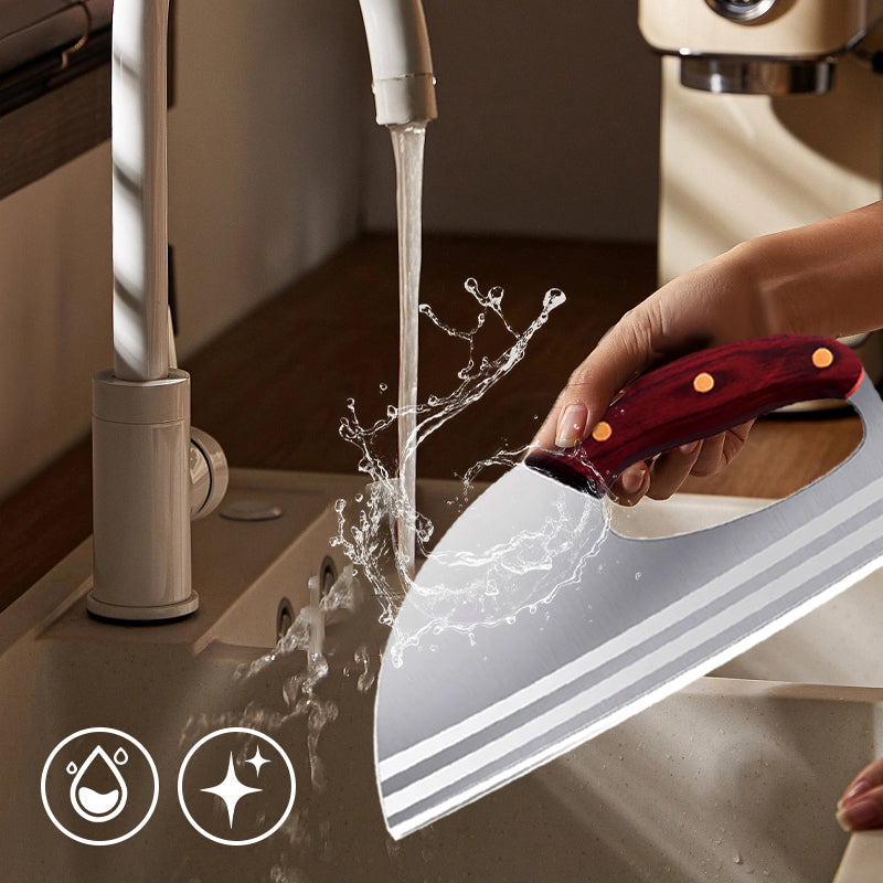 Arenzza ergonomic kitchen knife with front-handle design for slicing vegetables and meat, ideal for home cooks.