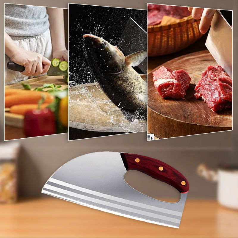 Arenzza ergonomic kitchen knife with front-handle design for slicing vegetables and meat in a home kitchen setting.