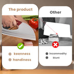 Arenzza ergonomic kitchen knife with front-handle design, cutting vegetables and meat on a wooden surface.