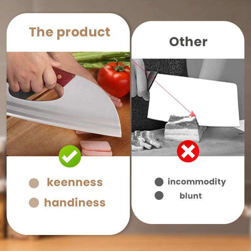 Arenzza ergonomic kitchen knife with front-handle design, cutting vegetables and meat on a wooden surface.