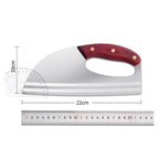 Arenzza ergonomic kitchen knife with front-handle design, shown slicing vegetables and meat in a modern kitchen setting.