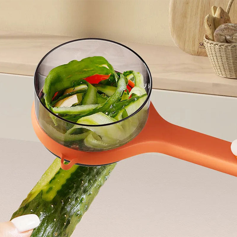 Arenzza multifunctional kitchen peeler with debris storage bucket for peeling vegetables and fruits efficiently.