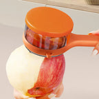 Arenzza multifunctional kitchen peeler with debris storage bucket, showing the peeler and attached container for peeled skins.