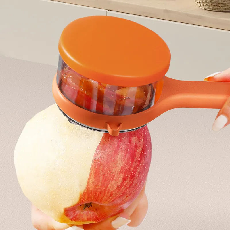 Arenzza multifunctional kitchen peeler with debris storage bucket, showing the peeler and attached container for peeled skins.