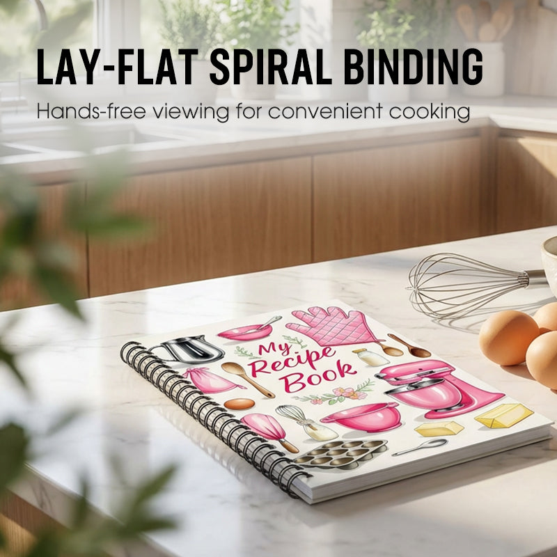 Arenzza kitchen recipe notebook with 104 pages, featuring a spiral binding and colorful cover for easy recipe organization.