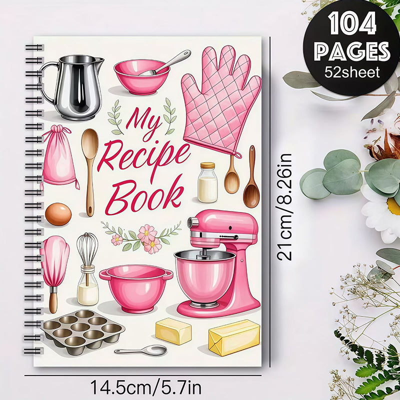 Arenzza kitchen recipe notebook with 104 sheets, featuring a spiral-bound design and colorful cover pages for easy recipe writing.