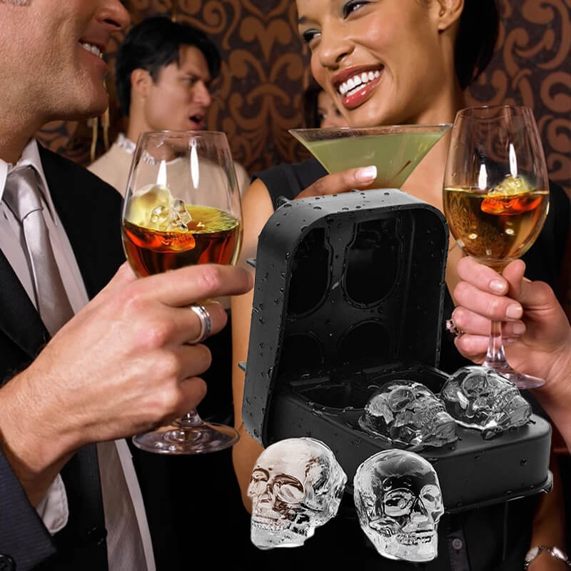 Aarenza silicone skull ice cube tray with large, slow-melting skull molds for whiskey and cocktails in a kitchen setting.