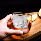 Aarenza silicone skull ice cube tray with giant skull molds for whiskey and cocktails, shown with ice cubes ready for use.