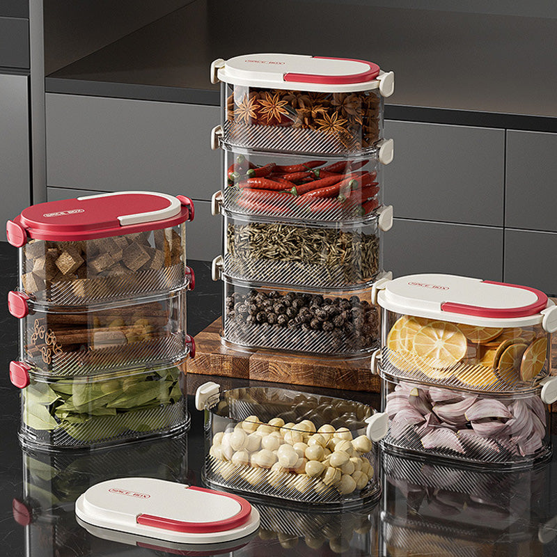 Arenzza multi-layer sealed spice organizer with clear compartments for kitchen spices, keeping ingredients fresh and organized.