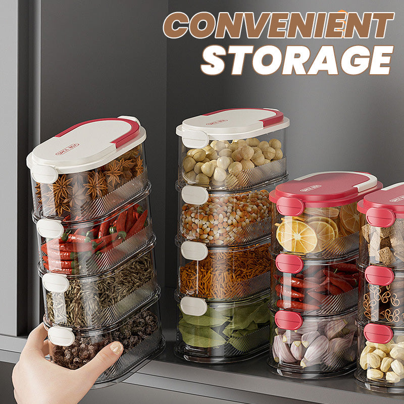 Aarenza multi-layer sealed spice organizer for kitchen storage, with labeled spice jars arranged in a clear, organized display.