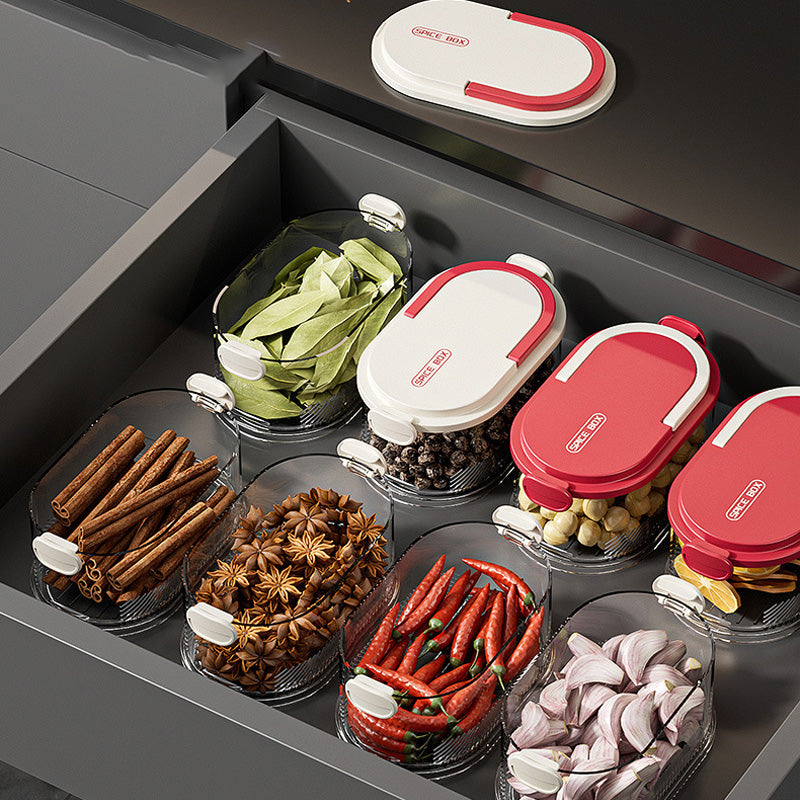 Arenzza multi-layer sealed spice organizer for kitchen storage with multiple compartments and secure lids.