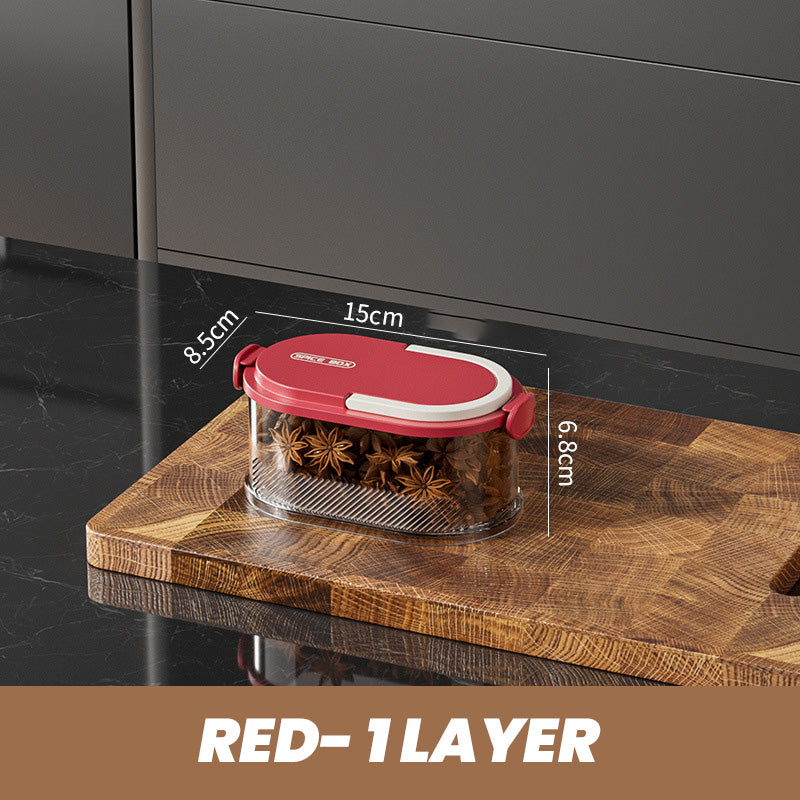 Arenzza multi-layer sealed spice organizer in a kitchen setting, featuring clear compartments and labeled spice jars for easy access.