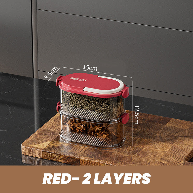 Aarenza multi-layer sealed spice organizer in a kitchen setting, featuring labeled spice jars with a secure sealing lid.
