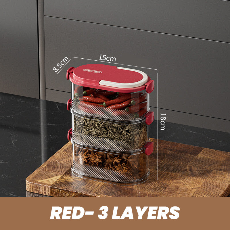 Aarenza multi-layer sealed spice organizer for kitchen storage, with clear compartments and secure lids for spice jars.