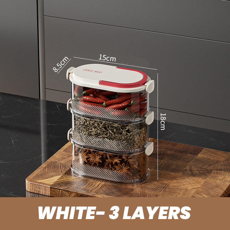 Arenzza multi-layer sealed spice organizer with clear compartments for kitchen spices, keeping them fresh and organized.