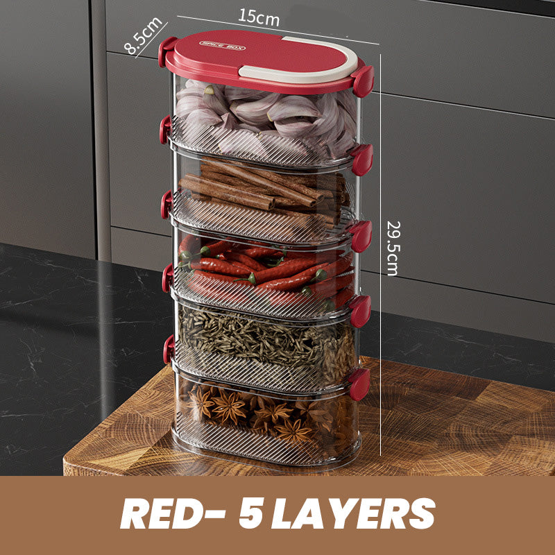 Arenzza multi-layer sealed spice organizer for kitchen storage, featuring clear compartments and secure lids for spice jars.