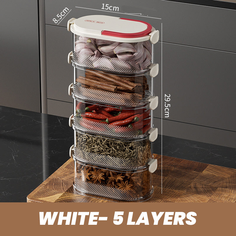 Arenzza multi-layer sealed spice organizer with clear compartments for kitchen spices, compact and neatly arranged on a countertop.