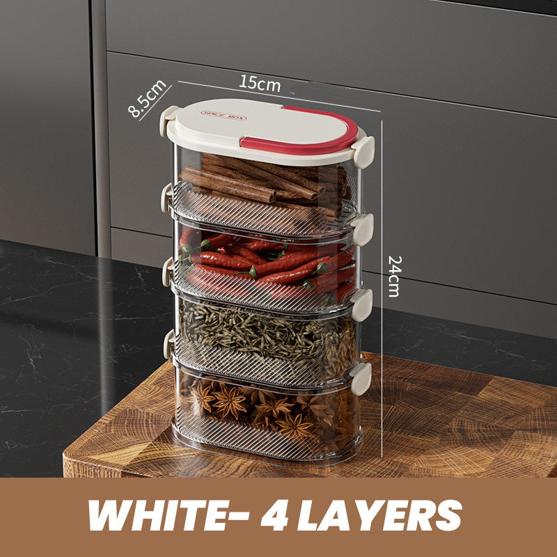 Arenzza multi-layer sealed spice organizer with clear compartments for kitchen spices and herbs.