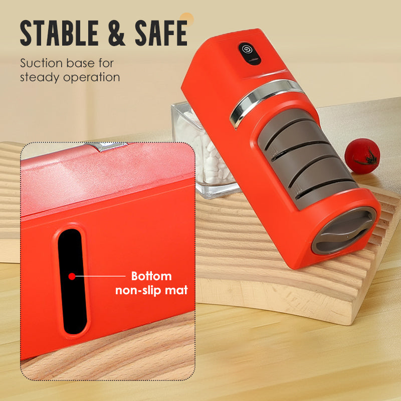 Arenzza automatic kitchen knife sharpener with a compact design, featuring sharpening slots and a simple control lever.