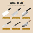 Arenzza automatic kitchen knife sharpener with two sharpening slots and ergonomic handle on a white countertop.