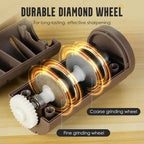 Arenzza automatic kitchen knife sharpener with dual sharpening slots and ergonomic handle on a kitchen countertop.