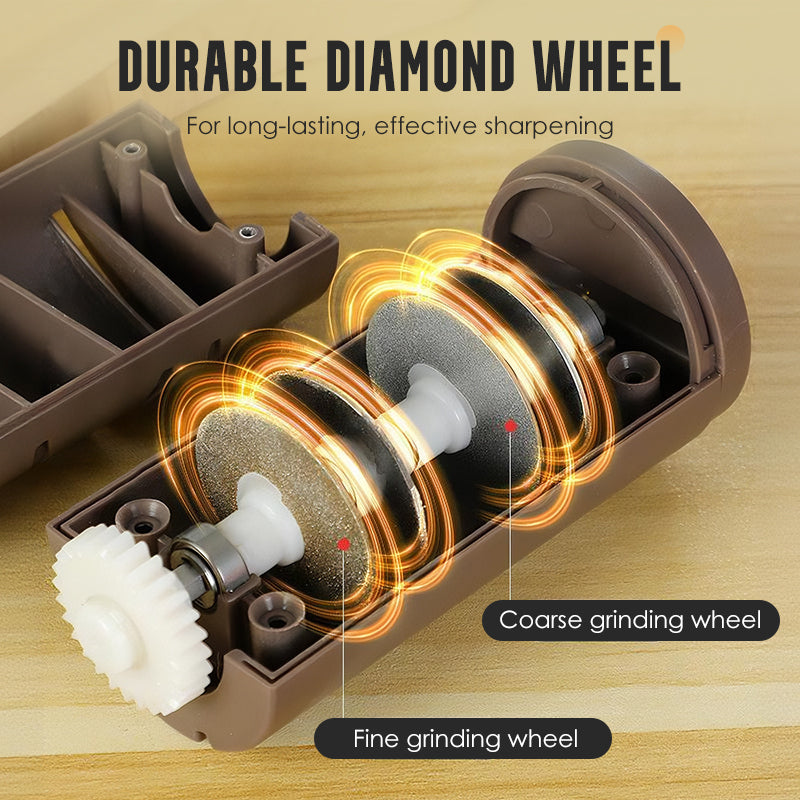 Arenzza automatic kitchen knife sharpener with dual sharpening slots and ergonomic handle on a kitchen countertop.