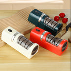 Arenzza automatic kitchen knife sharpener with a sleek black design, featuring sharpening slots and control buttons for easy use.