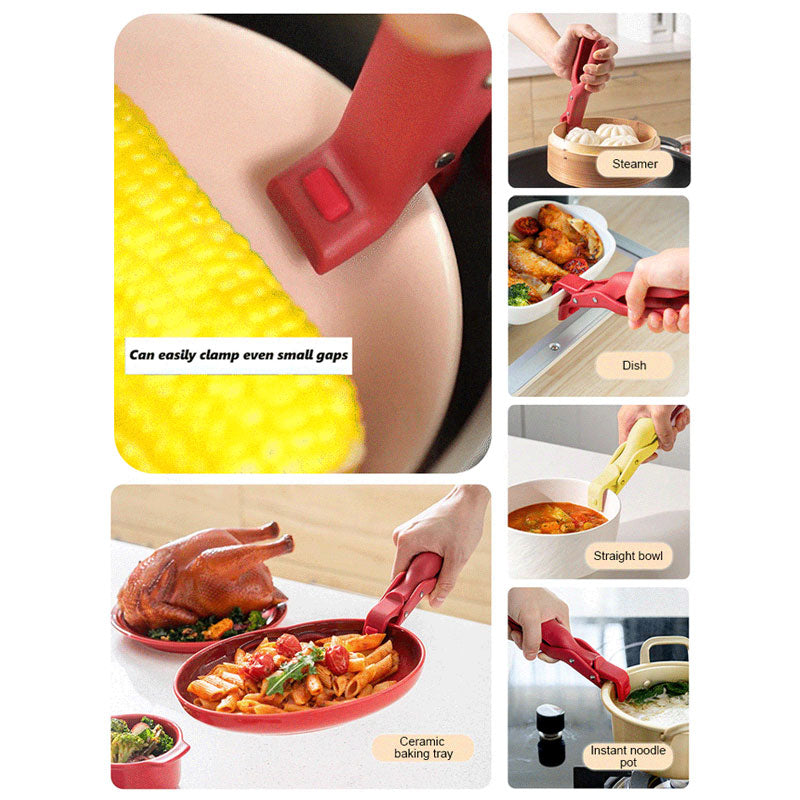 Arenzza multi-purpose anti-scald bowl holder clip for kitchen use, shown securing a bowl on a countertop for safety and stability.