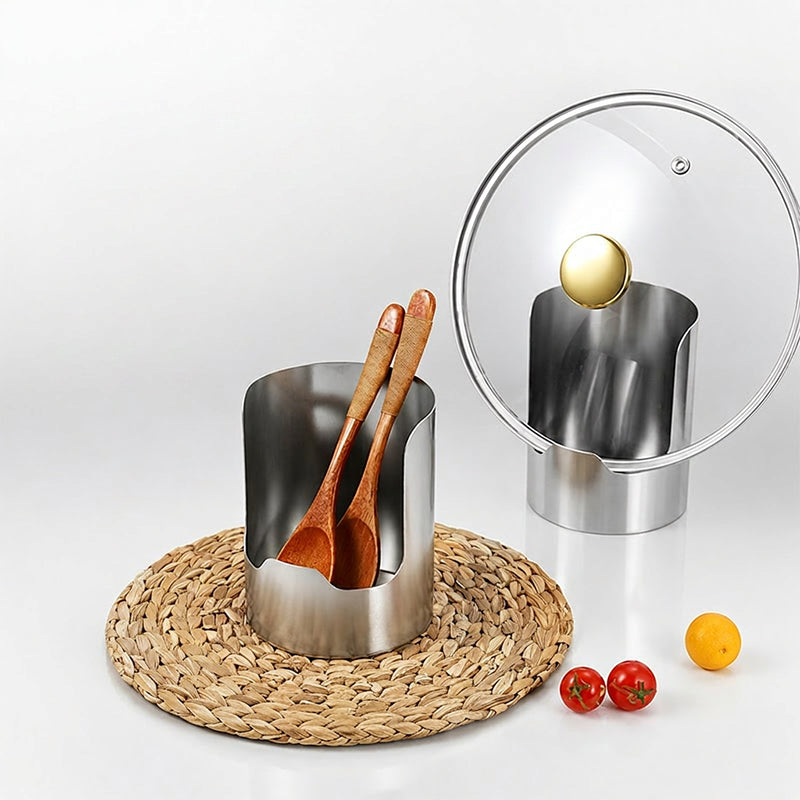 Arenzza multi-functional kitchen utensil holder with slots for spoons, spatulas, and other kitchen tools on a countertop.