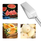 Aarenzza multi-functional melon cutter for slicing and cutting melons into triangle shapes, shown with a sliced melon and cutter tool.