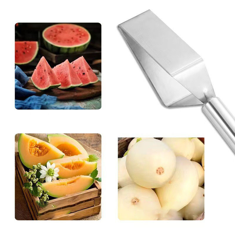 Aarenzza multi-functional melon cutter for slicing and cutting melons into triangle shapes, shown with a sliced melon and cutter tool.