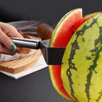 Arenzza multi-functional melon cutter slicing a melon into triangular pieces in a kitchen setting.