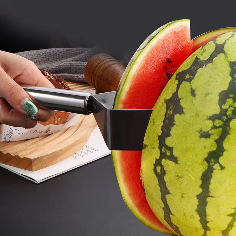 Arenzza multi-functional melon cutter slicing a melon into triangular pieces in a kitchen setting.