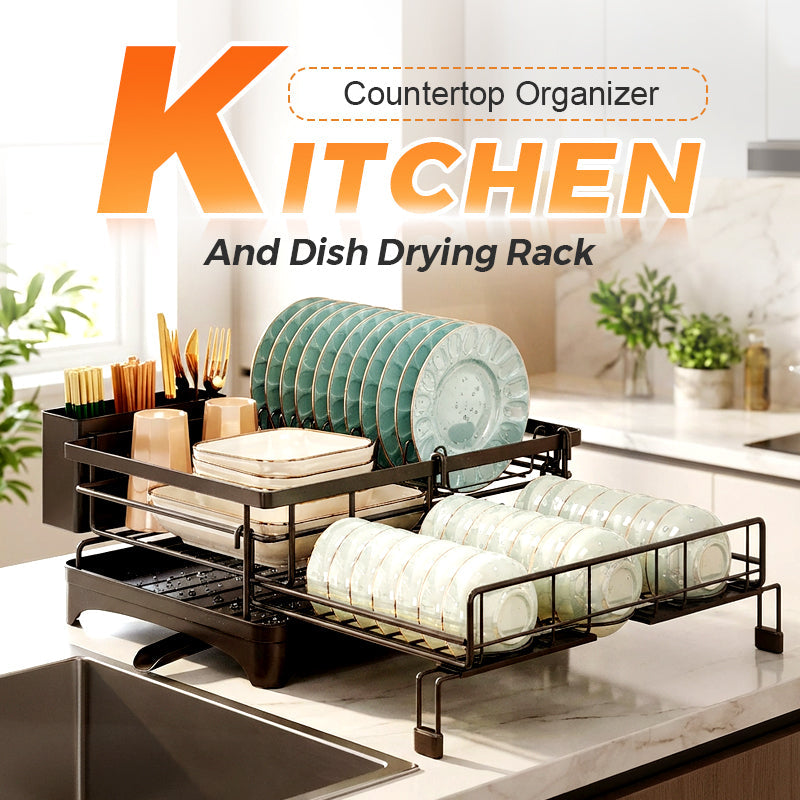 Arenzza kitchen countertop organizer and dish drying rack with multiple compartments for utensils and dishes on a modern countertop.