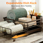 Arenzza kitchen countertop organizer and dish drying rack with multiple compartments for dishes, utensils, and drying space.