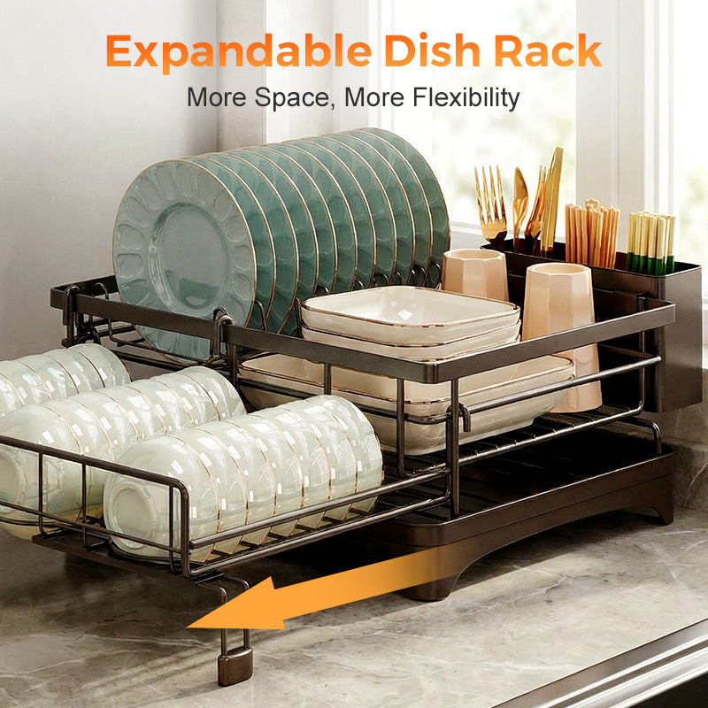 Arenzza kitchen countertop organizer and dish drying rack with multiple compartments for dishes, utensils, and drying space.