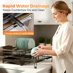 Arenzza kitchen countertop organizer and dish drying rack with slots for plates, cups, and utensils, on a modern kitchen countertop.