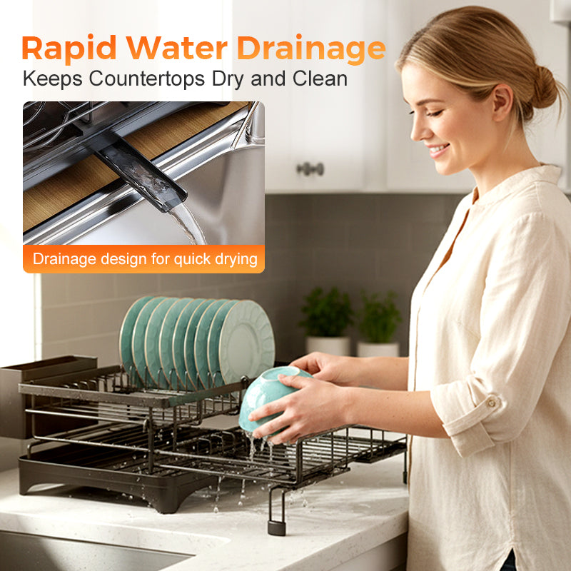 Arenzza kitchen countertop organizer and dish drying rack with slots for plates, cups, and utensils, on a modern kitchen countertop.