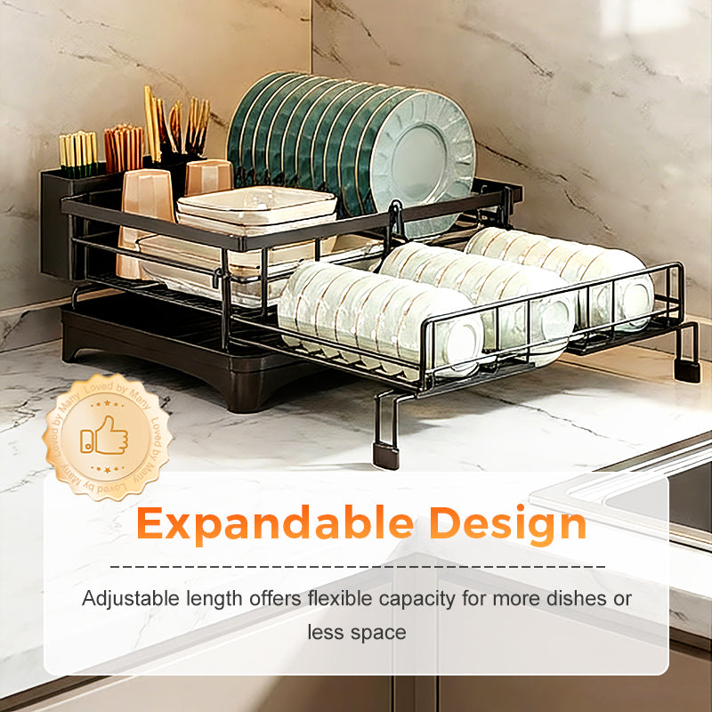 Arenzza kitchen countertop organizer and dish drying rack with multiple compartments for utensils, plates, and cups on a kitchen counter.
