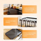 Arenzza kitchen countertop organizer and dish drying rack with multiple compartments and a sleek metal frame for efficient dish drying.