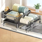 Arenzza kitchen countertop organizer and dish drying rack with multiple compartments for dishes, utensils, and kitchen essentials.