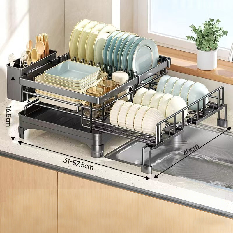 Arenzza kitchen countertop organizer and dish drying rack with multiple compartments for dishes, utensils, and kitchen essentials.
